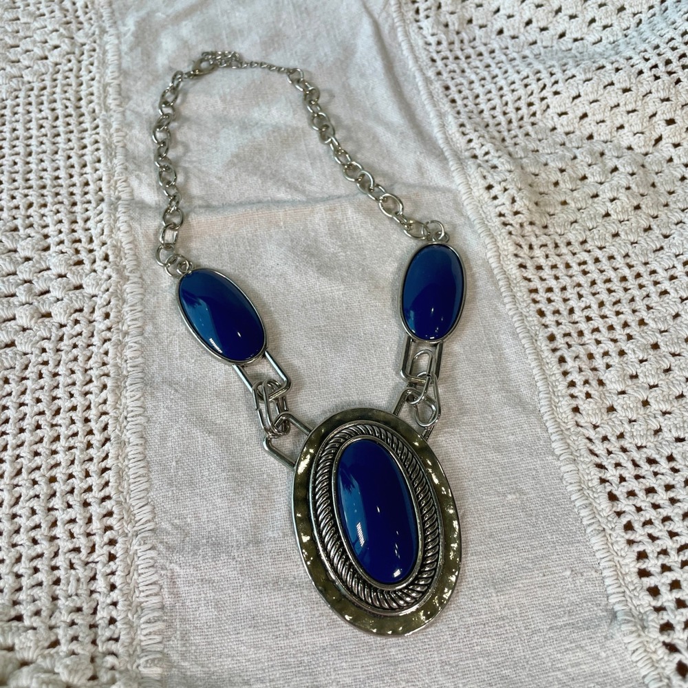 Boho Silver Tone Cobalt Blue Oval Statement Necklace‎ Chunky Link Southwestern